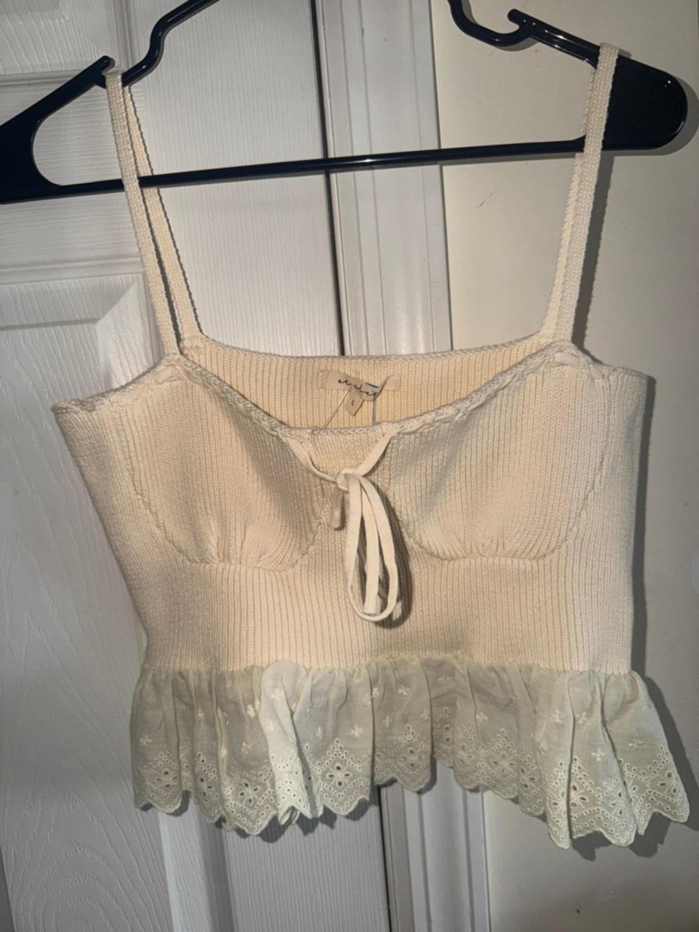 Vanilla Sky Cream Knit Lace-Hem Tank Top